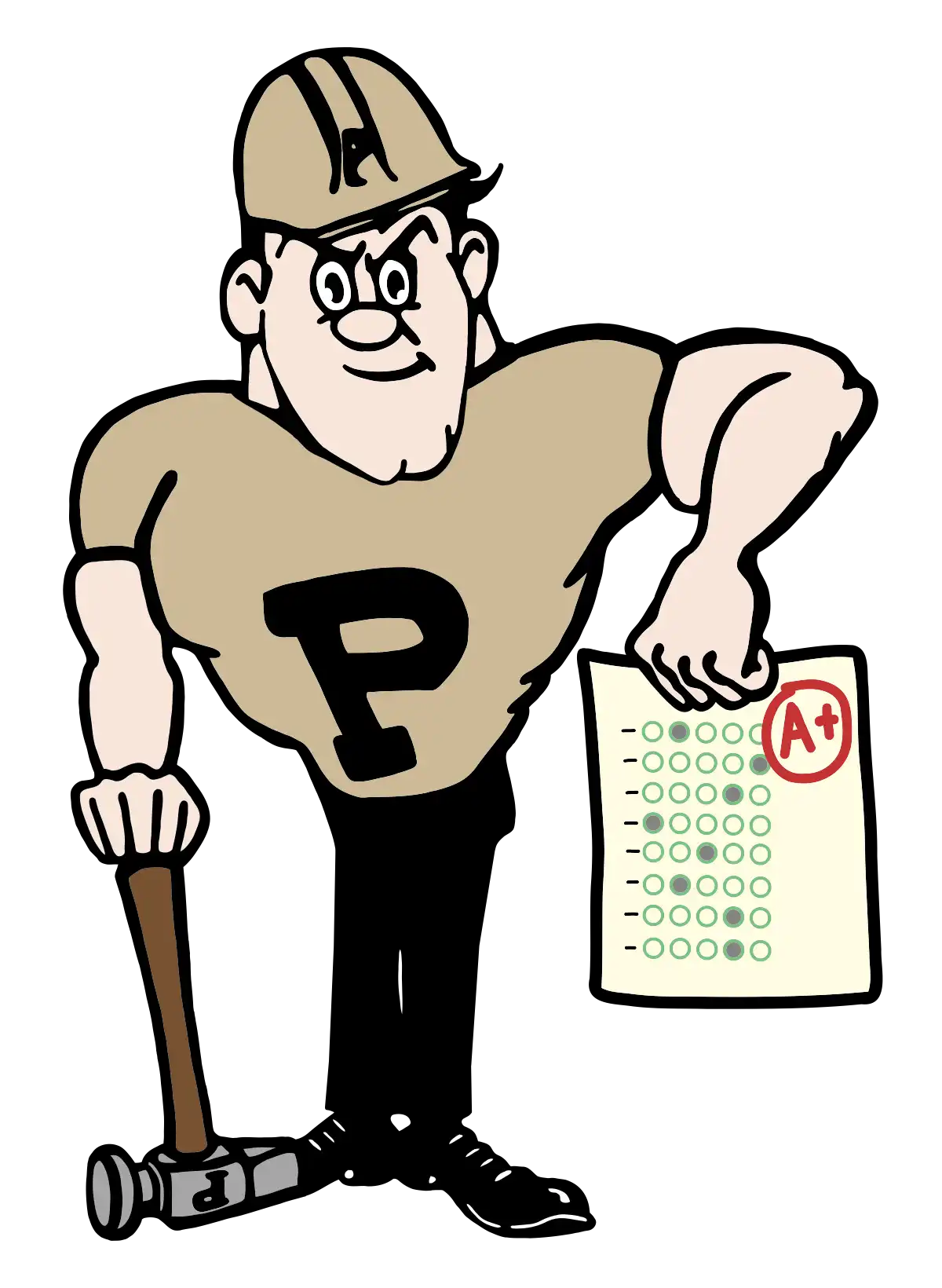 Purdue Pete holding an exam with an A+