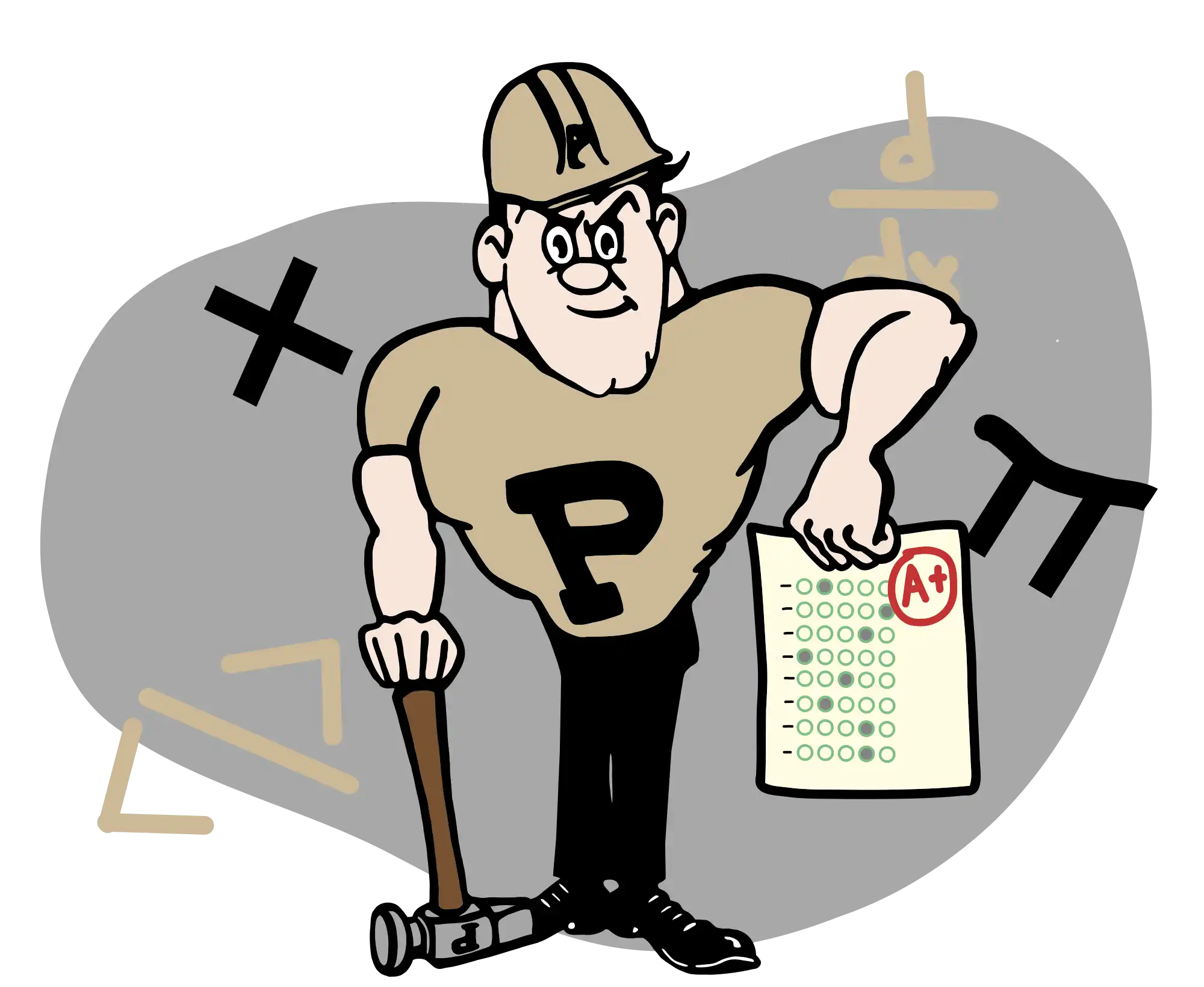 Purdue Pete holding an exam with an A+